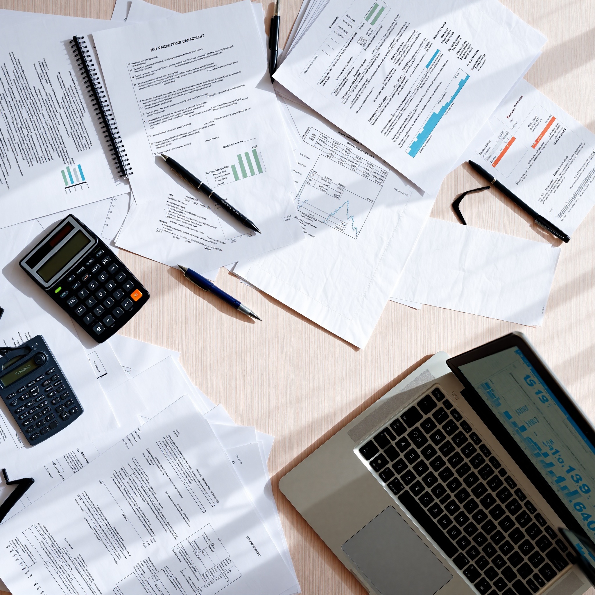 Professional financial planning workspace with calculator, charts, and notebook on desk