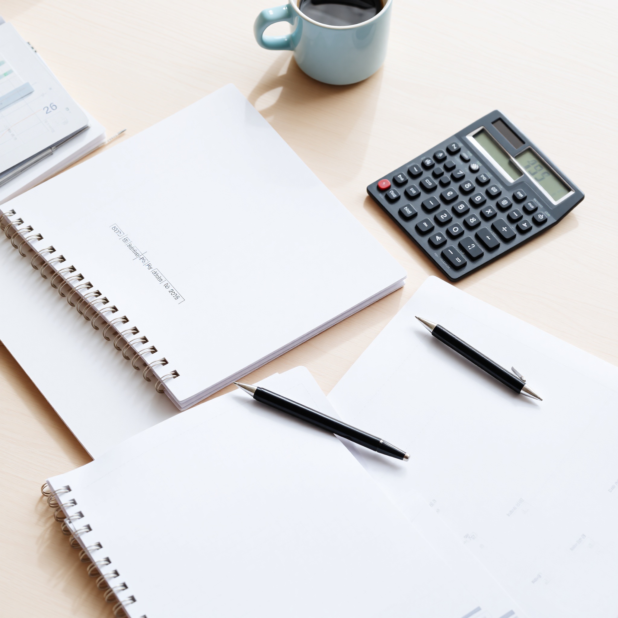 Budget planner notebook with financial tracking spreadsheet and calculator