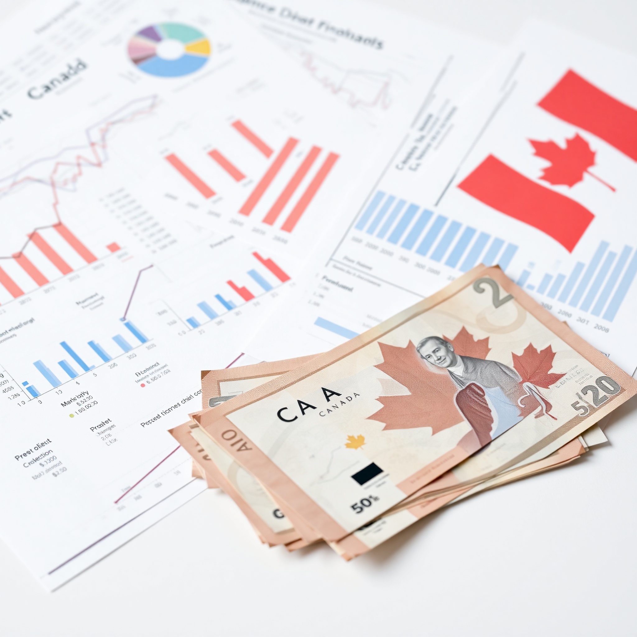 Canadian coins and bills arranged on desk with financial charts and investment portfolio documents