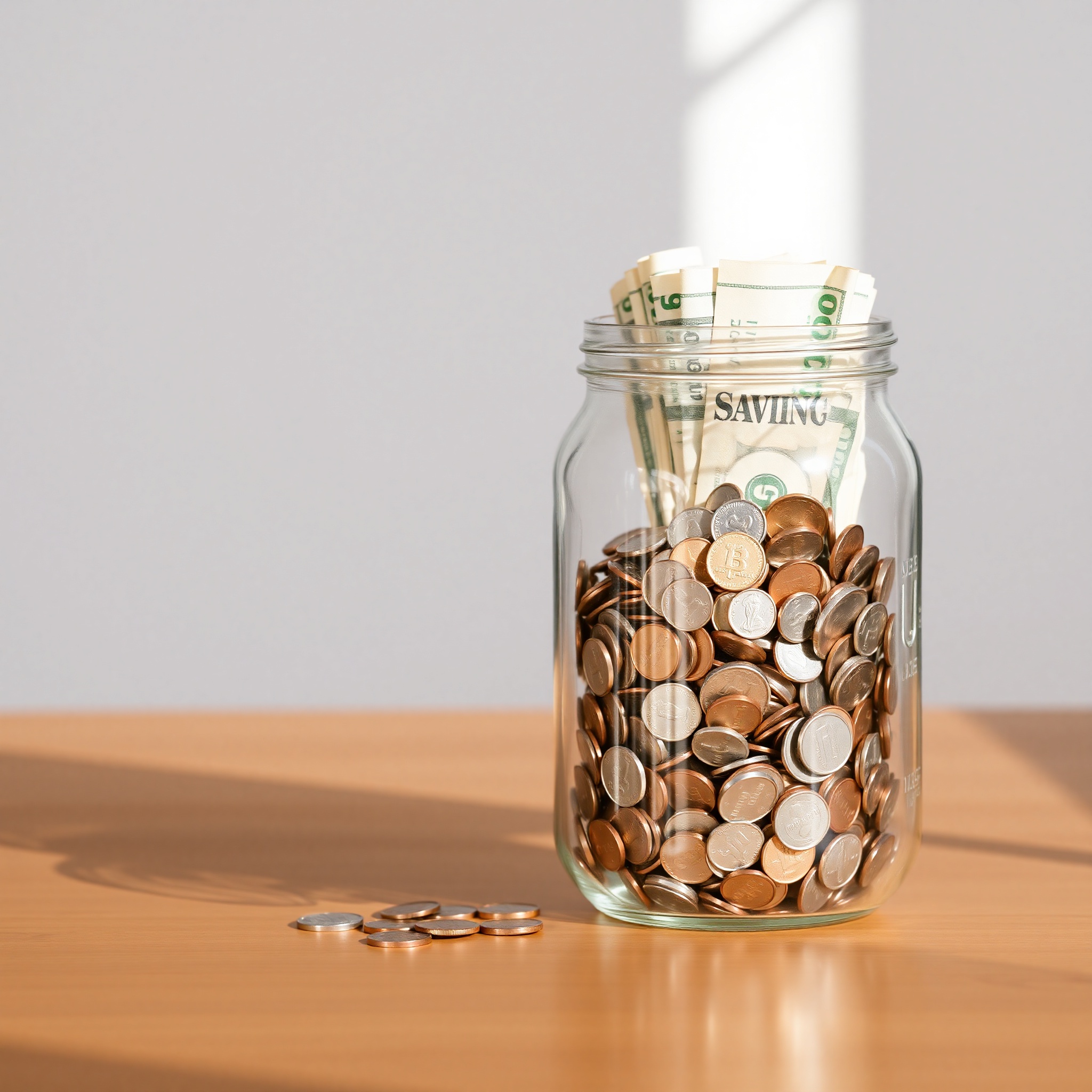 Emergency savings jar with coins and cash representing financial emergency fund building