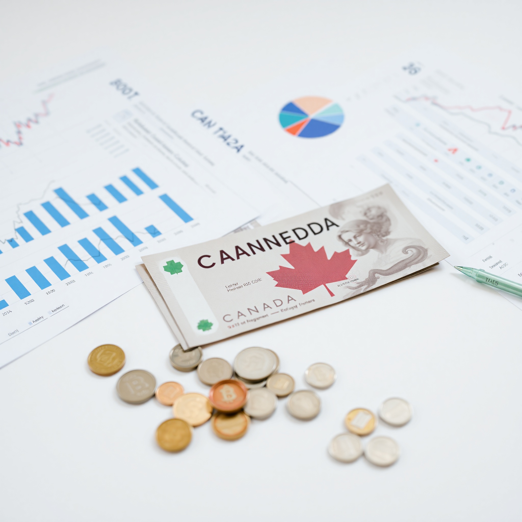 Canadian coins and bills arranged on desk with financial charts and investment portfolio documents