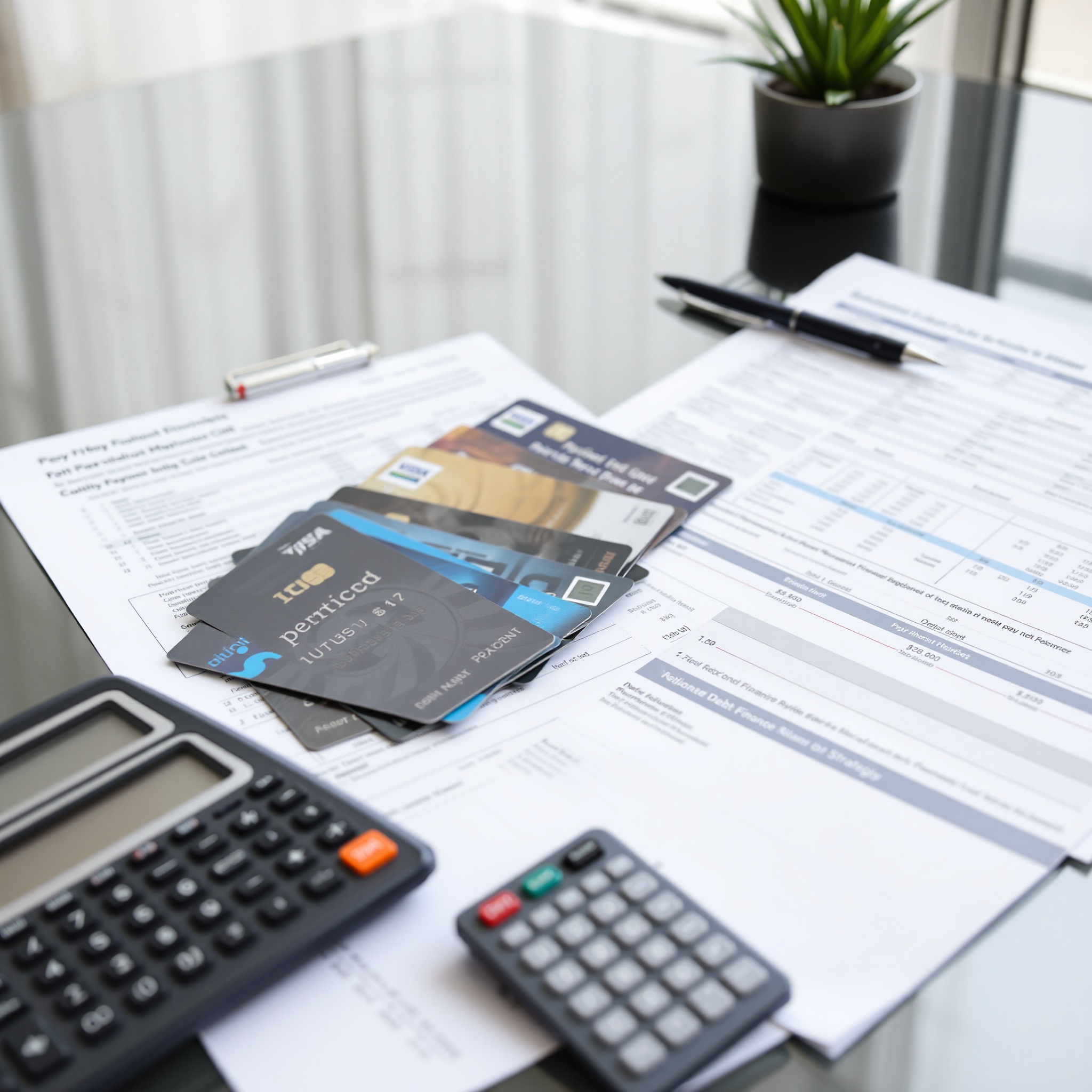 Credit cards and debt documents showing financial management and debt reduction strategies