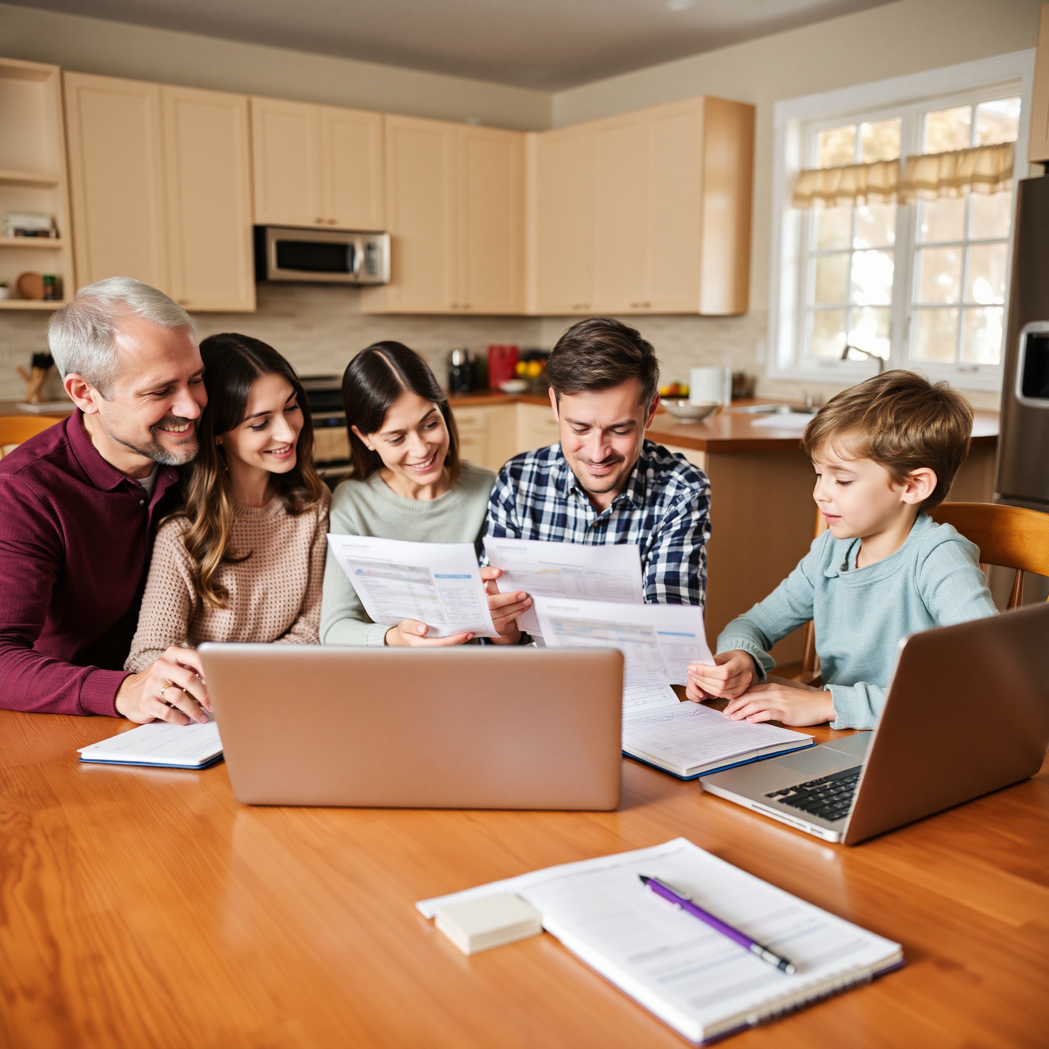 Family reviewing monthly financial statements and expense tracking on computer at kitchen table