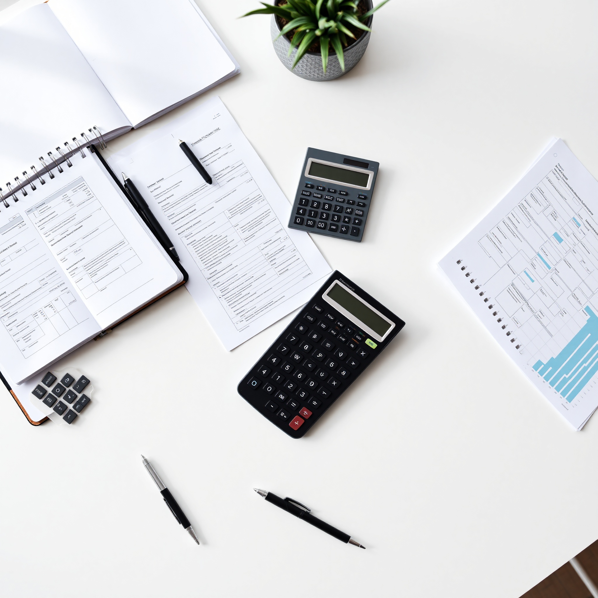 Professional financial planning workspace with calculator, charts, and notebook on desk