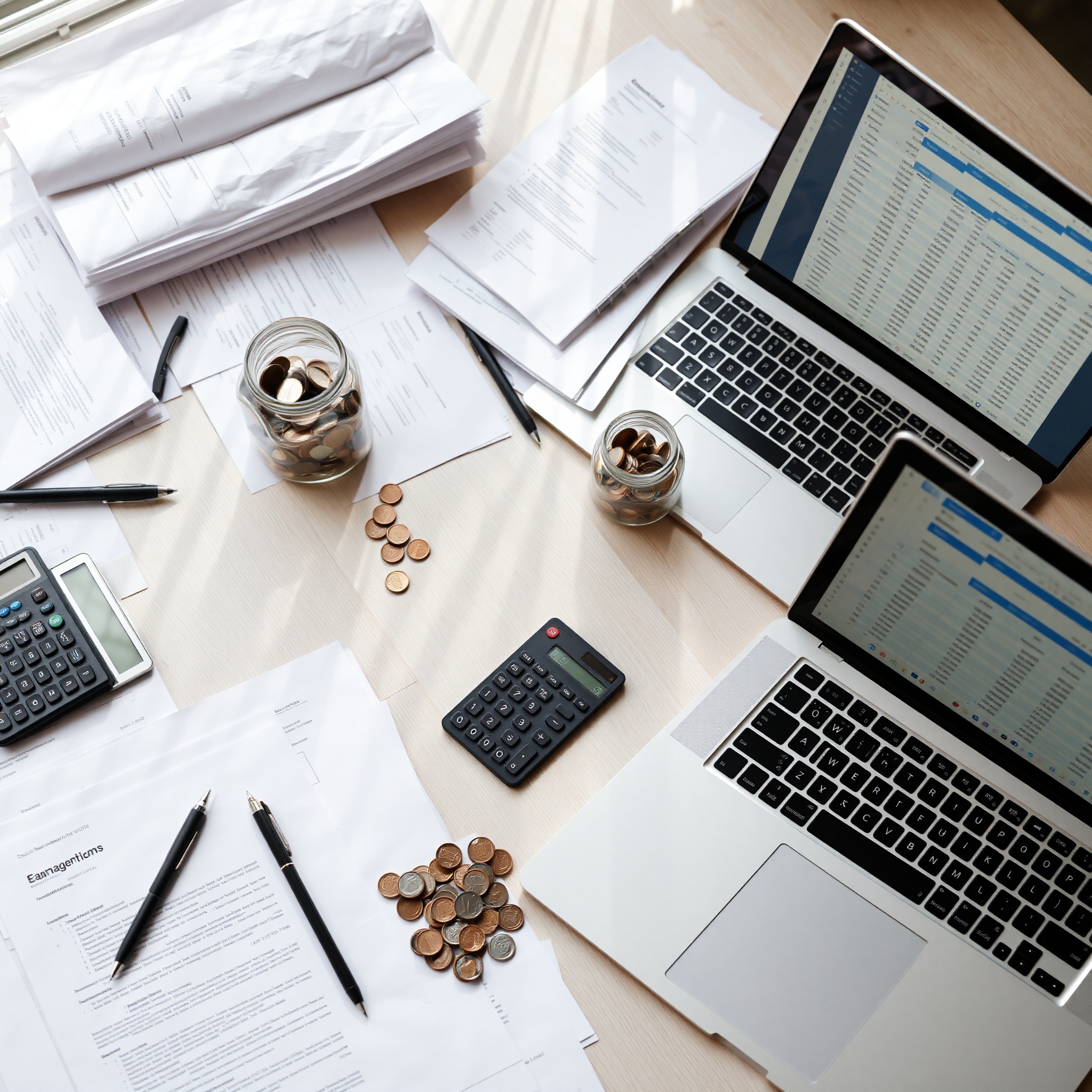 Professional financial advisor working with client on investment strategy at modern office desk with charts and calculator