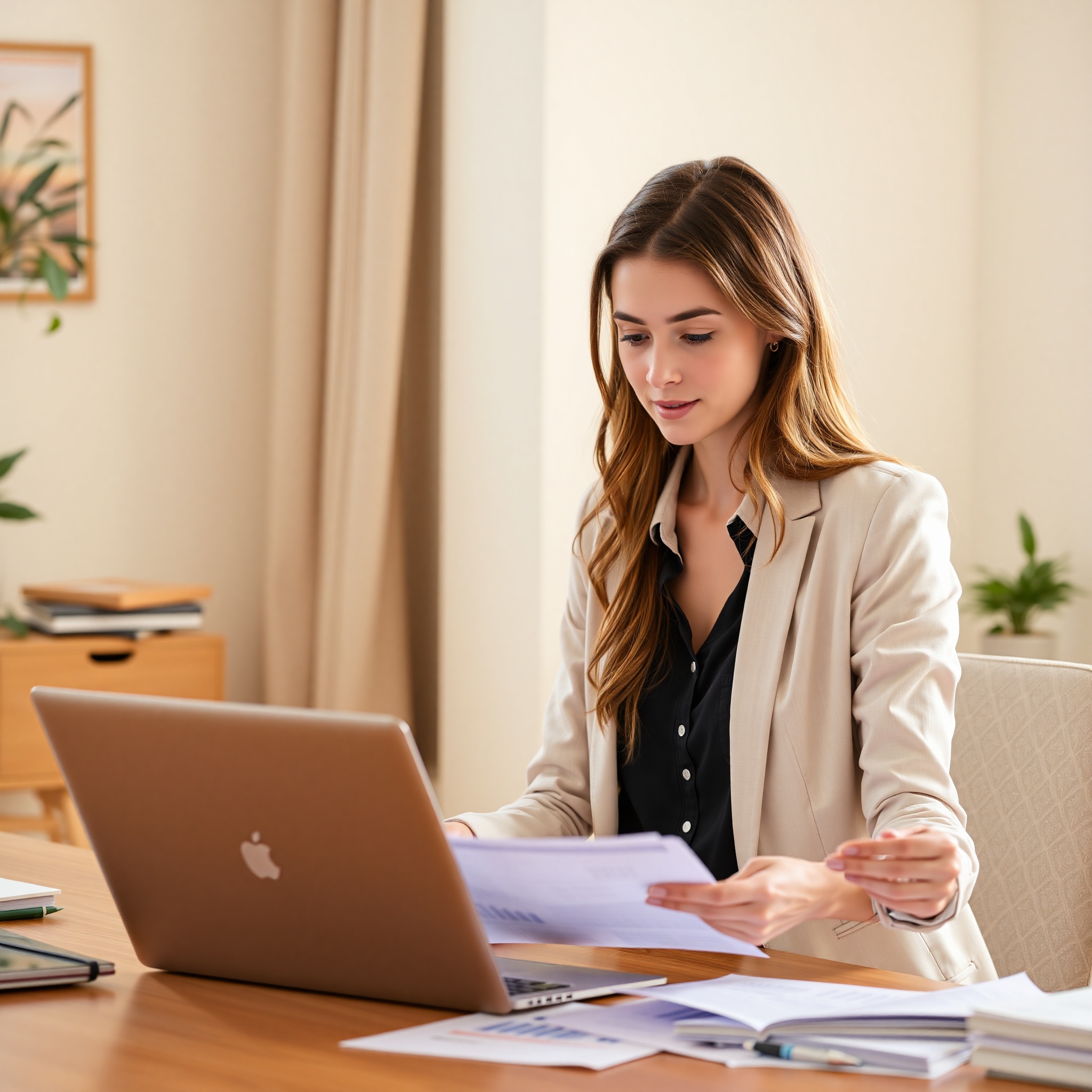 Young professional woman reviewing savings goals and investment options at home office